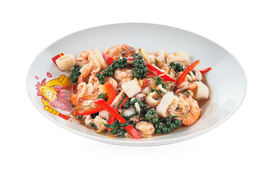 Stir-Fried Seafood on white background