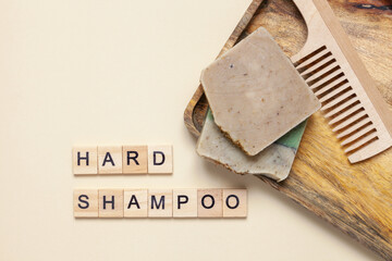 Aromatic Natural Soap. Handmade hard dry shampoo bars  on table. No plastic, zero waste concept....