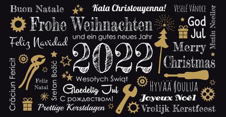 Weihnachtskarte 2022 schwarz gold weiß mit  internationalen Weihnachtsgrüßen auf Schultafel, Textwolke, Wortwolke, Texte als Wolke