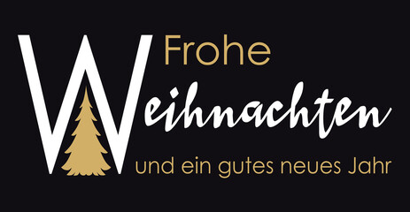 Frohe Weihnachten Schriftzug gold und weiß auf schwarz mit Kalligrafie