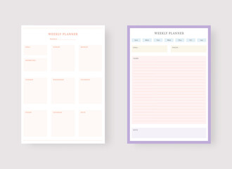Modern planner template set. Set of planner and to do list. Weekly planner template. Vector illustration