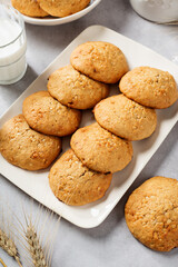 Banana cookies with milk, healthy breakfast for kids.