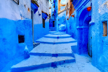 View of the blue walls of Medina quarter in Chefchaouen, Morocco. The city, also known as Chaouen...