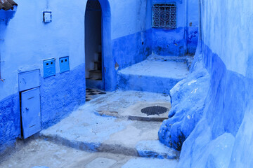 View of the blue walls of Medina quarter in Chefchaouen, Morocco. The city, also known as Chaouen...