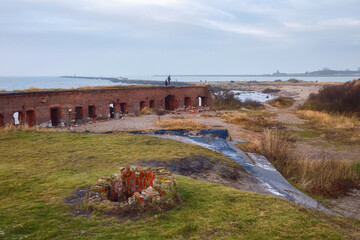 Ruins of the Western Fort on the Baltic Sea coast of the Vistula Spit. The Fort was built in 1869-1871, as part of the complex of fortifications of the Pillau fortress city (now known as Baltiysk).