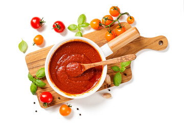 Classic homemade Italian tomato sauce with basil for pasta and pizza. Isolated on white  background. top view - 449628967