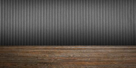 The background is blank wooden boards and a textured striped wall with gradient lighting and vignetting.