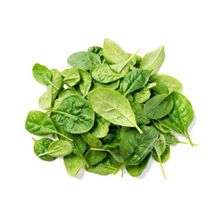 Pile of fresh green baby spinach leaves isolated on white background. top view