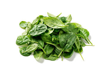 Pile of fresh green baby spinach leaves isolated on white background. - obrazy, fototapety, plakaty