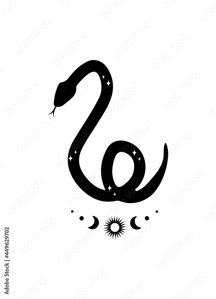 Wall mural magic snake in boho style with moon. mystical symbol in a trendy minimalist style. esoteric vector i
