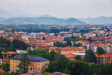 Fototapeta na wymiar Aerial view of the old residential historical buildings in Lower Bergamo (Citta Bassa). Italy.