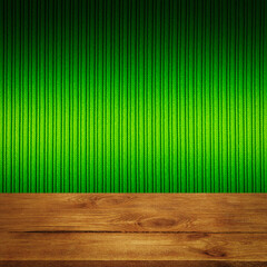 The background is blank wooden boards and a textured striped wall with gradient lighting and...