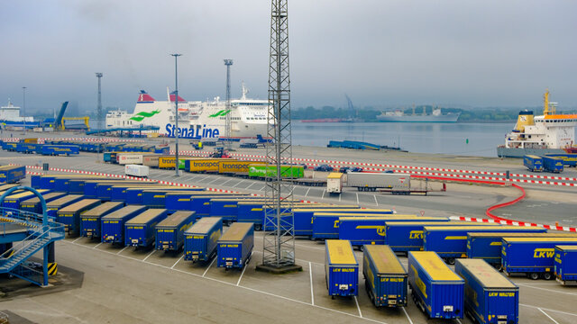 stena line ship mecklenburg vorpommern ferryboat in the harbpour of rostock, trailers of lkw walter in front