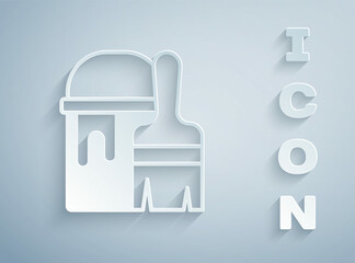 Paper cut Paint bucket with brush icon isolated on grey background. Paper art style. Vector
