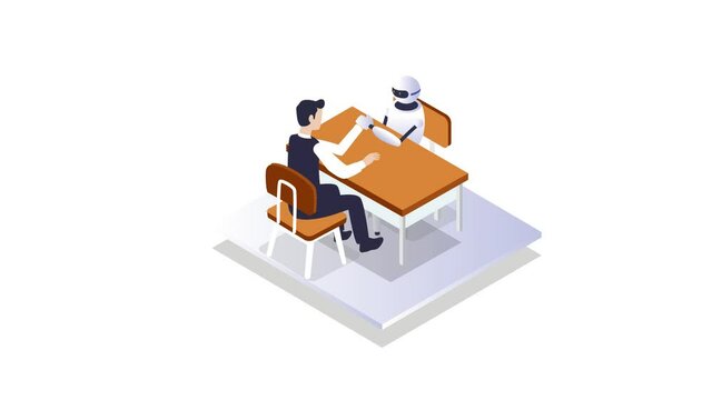 Businessman and robot competing in arm wrestling