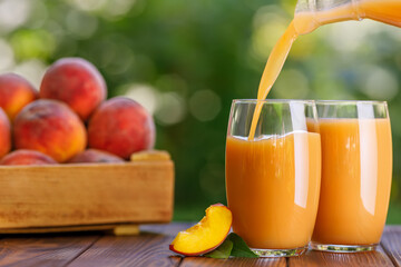 fresh peach juice pouring into glass outdoors