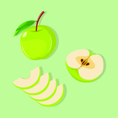 Vector illustration set of green apple. An half and sliced green apple. Healthy food with vitamins. High fiber food. Fruit for vegetarian.