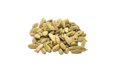 Pile of dried brown cardamom on isolated white background