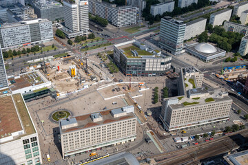 View of Berlin's Alexanderplatz with the Berolina-Haus (left) and the construction sites for new...