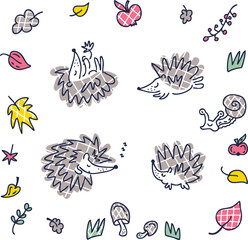 Doodle vector collection of checkered hedgehogs and elements in the autumn theme. Perfect for scrapbooking, stickers, textile and prints. Hand drawn illustration for decor and design.
