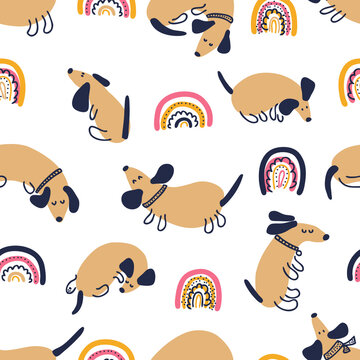 Hand drawn vector seamless pattern of dachshunds and rainbows. Perfect for T-shirt, textile and prints. Doodle style illustration for decor and design.
