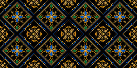 Seamless pattern decorated with precious stones, gold chains and pearls.	