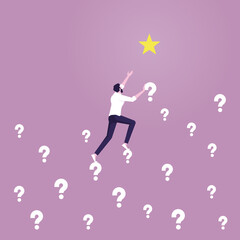Businessman climbs the question marks sign to reach the star,Solve the problem to achieving goal vector concept