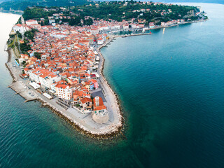 Fototapeta premium Piran in Slovenia. Drone View at Adriatic Sea and Isrtria Town