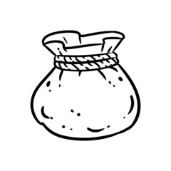 Treasure bag doodle image. Cute cartoon pouch logo. Media highlights graphic symbol