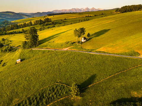 Small Chapel on Hill in Kacwin Village. Podhale in Tatra Mountains, Poland