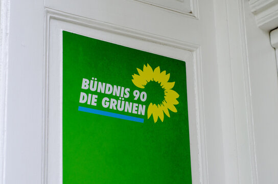 Soest, Germany - August 7, 2021: Alliance 90The Greens  (German: Bündnis 90Die Grünen or Grüne) logo on the door.
