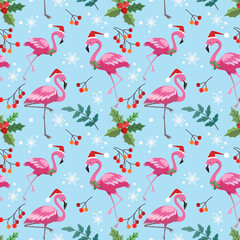 Cute flamingo with Christmas plant seamless pattern. © teerawat