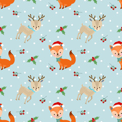 Cute fox and deer in winter seamless pattern.