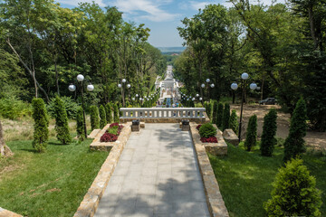 Top view of staircase with fountains and flower beds in resort park of the city Zheleznovodsk -  August 7, 2021 in Zheleznovodsk, Russia.