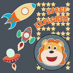 Space lion or astronaut in a space suit with cartoon style. Can be used for t-shirt print, kids wear fashion design, invitation card. fabric, textile, nursery wallpaper, poster and other decoration.