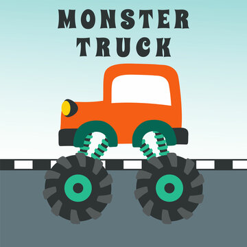 Vector illustration of dinosaurs riding monster truck with cartoon style. Can be used for t-shirt print, kids wear, invitation card. fabric, textile, nursery wallpaper, poster and other decoration.