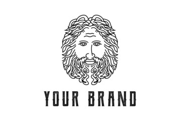 Vintage Greek Old Man Face God Zeus Triton Neptune Philosopher with Beard and Mustache Logo Design Vector