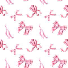 Hand drawn watercolor bows and holiday ribbons seamless pattern. For fabric, backgrounds, scrapbooking, wrapping paper, greeting cards.

