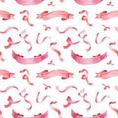 Hand drawn watercolor bows and holiday ribbons seamless pattern. For fabric, backgrounds, scrapbooking, wrapping paper, greeting cards.
