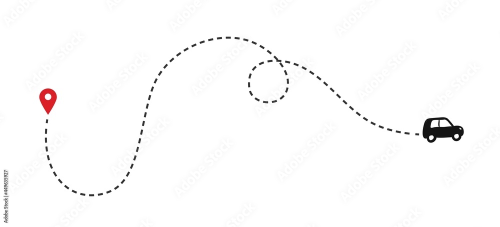 Poster car route monochrome concept with automobile path and map pointers. isolated vector