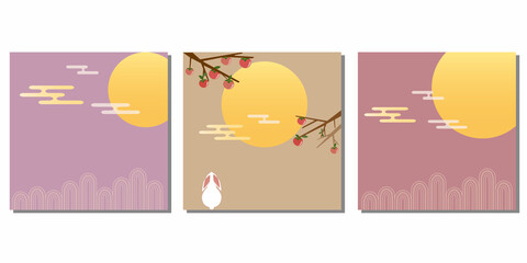 Set of Mid autumn festival Square template. rabbits, moon, Happy Mid Autumn, Full moon and Persimmon trees, Traditional Asian holiday poster, banner design collection. Hand drawn vector illustration.