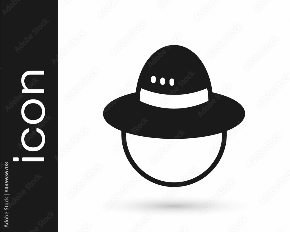 Sticker black camping hat icon isolated on white background. beach hat panama. explorer travelers hat for hu