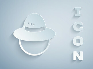 Paper cut Camping hat icon isolated on grey background. Beach hat panama. Explorer travelers hat for hunting, hiking, tourism. Paper art style. Vector
