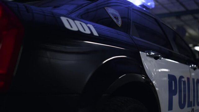 Police body of car with logo. Detailed view of patrol vehicle with emblem