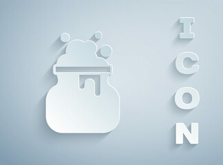Paper cut Witch cauldron icon isolated on grey background. Happy Halloween party. Paper art style. Vector