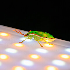 Illuminated green stink bug walking on led light