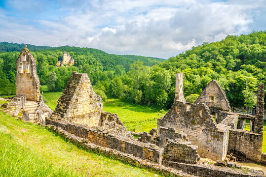 View at the Ruins of Commarque castle and Chapel of Saint Jean - France