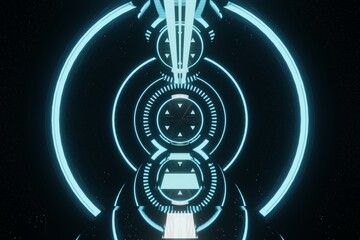 Sci Fi Futuristic Blue Glowing Neon Tunnel Hallway Corridor door alien Spaceship Background 3D Rendering