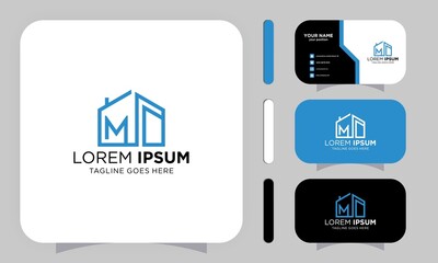 Line art logo icon of Home or house with alphabet letter M and business cards.