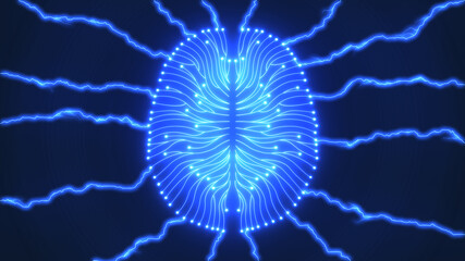 Glowing blue computer brain with lightning bolts of electricity illustrating artificial intelligence concepts - 449644536